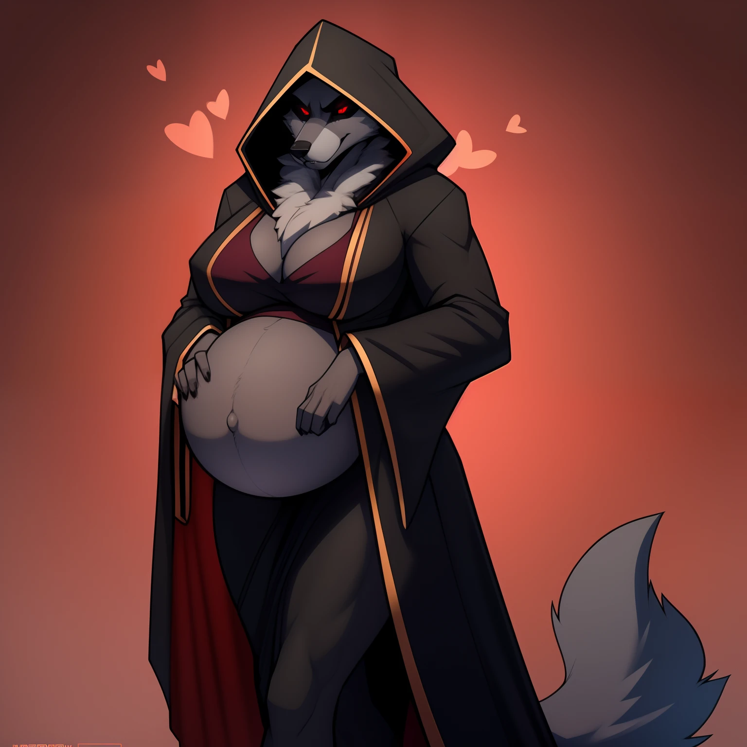 Tall_lanky_muscular_timberwolf female dark_gray_furry_body red_iris black_sclera very_fluffy fluffy_chest hooded_ pregnant angry hearts misty_breath solo Masterpiece best_quality absurdres highly_detailed cleanly_drawn_eyes anthro_only by_claweddrip, by_greasymojo, by_underscore-b, by_runawaystride