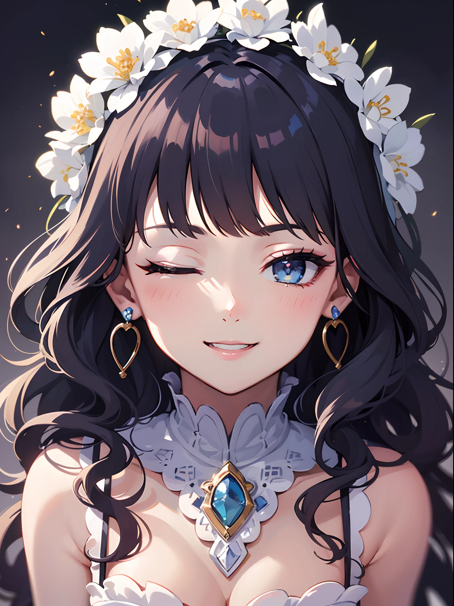 (Masterpiece:1.3), (Best quality:1.3), High resolution, 


Couboy shot, 
leaning forward, Forward-facing body, 

(une jolie fille:1.3), seulement, 
peau blanche, petite poitrine, Eight-headed person, 
cheveux bleu clair, (curly hair:1.2), (Cheveux courts:1.1), (bangs blunt bangs:1.2), Beaux cheveux, yeux bleus, beautiful detailed  eyes, 

ouvrir bouche, heart, sourire joyeux, one eye closed, 

servante, volant, Minijupe, earrings, 

(fond blanc:1.2), sinple background, 

Shadow lighting,