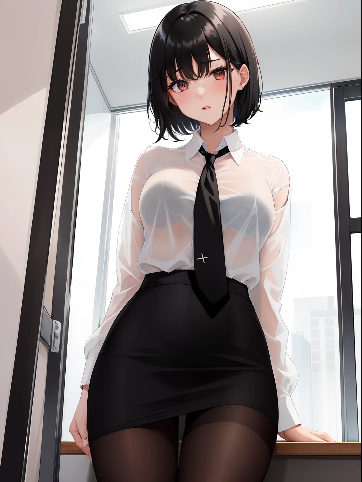 1girl in, Solo, (Black hair:1.15), , Short hair, White shirt, Miniskirt, Skirt, Black skirt, Pencil_Skirt, Cowboy Shot, black necktie,A room in a business hotel, Pink pantyhose、Sheer shirt