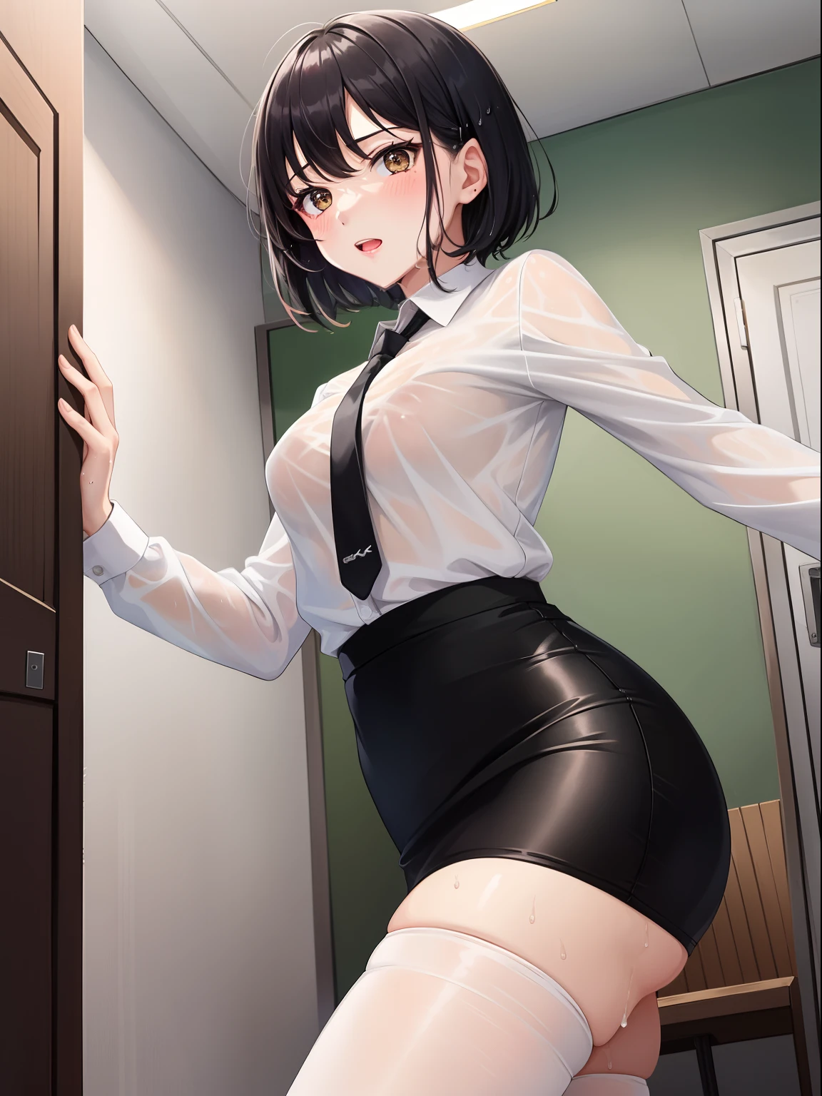 1girl in, Solo, (Black hair:1.15), , Short hair, White shirt, Miniskirt, Skirt, Black skirt, Pencil_Skirt, Cowboy Shot, black necktie,A room in a business hotel, Pink tights、Wet shirt、Dropkick towards here