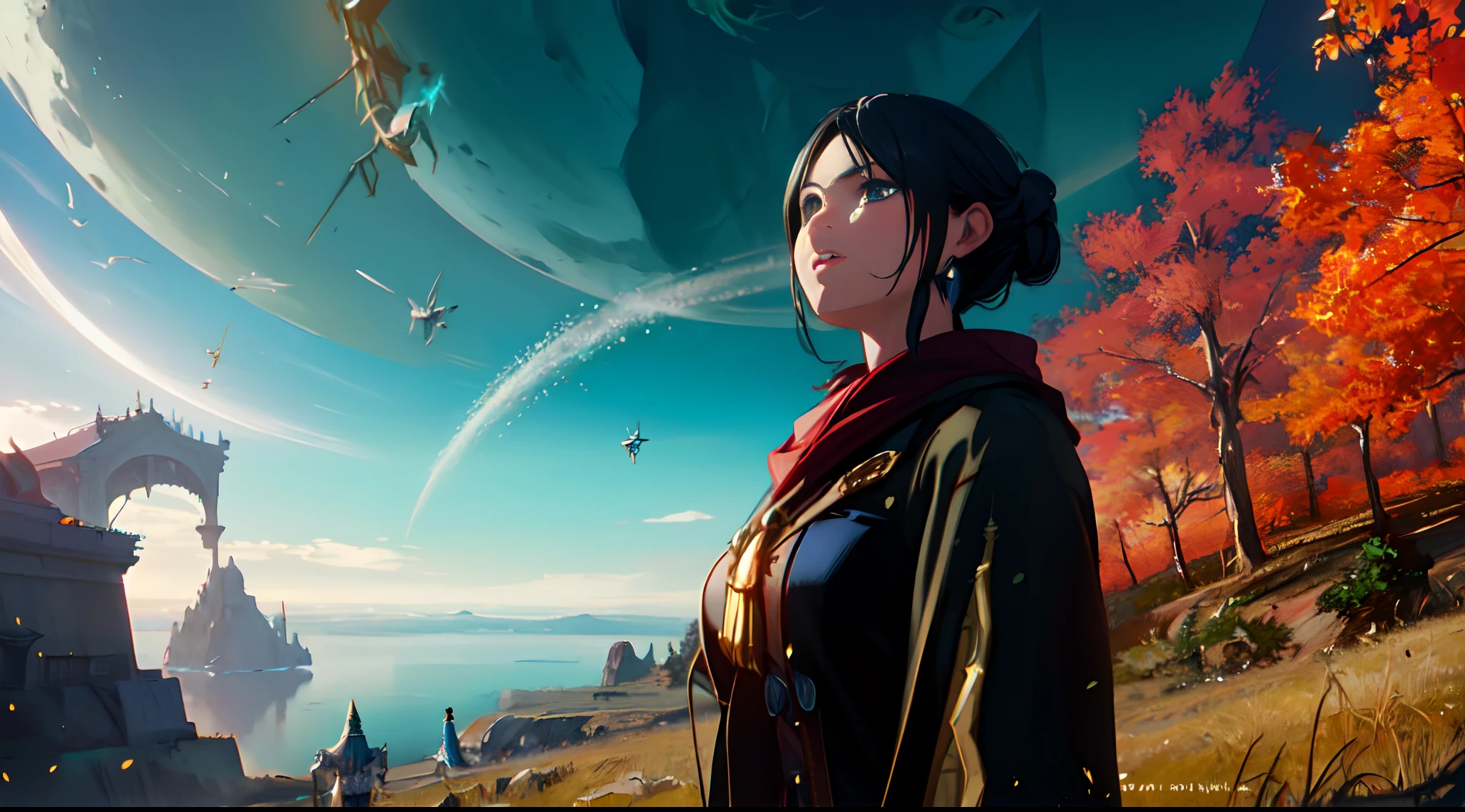 A woman standing on a hill looking at a planet with a bird flying over her, Renderizado del motor irreal + una diosa, cinematic beeple, Unreal Engine Fantasy Art, unreal engine cinematic smooth, Estilo Fantasy 8 K Octano Render, Fantasy art style, (Renderizado de octanaje) fantasy style, Artgem y Beeple Masterpiece, 2. 5 d cgi anime fantasy artwork