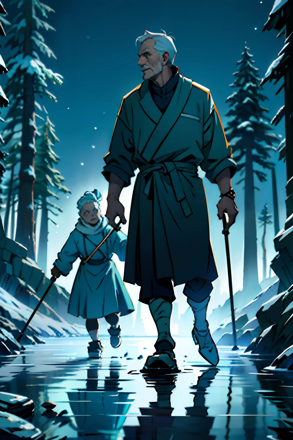 A crippled old man with one leg and crutches, and a crippled old woman with a walker, standing on the cracked ice of a frozen pond, background is dark pine forest at night, eerie light, mood is trepidatious fear, character design.
