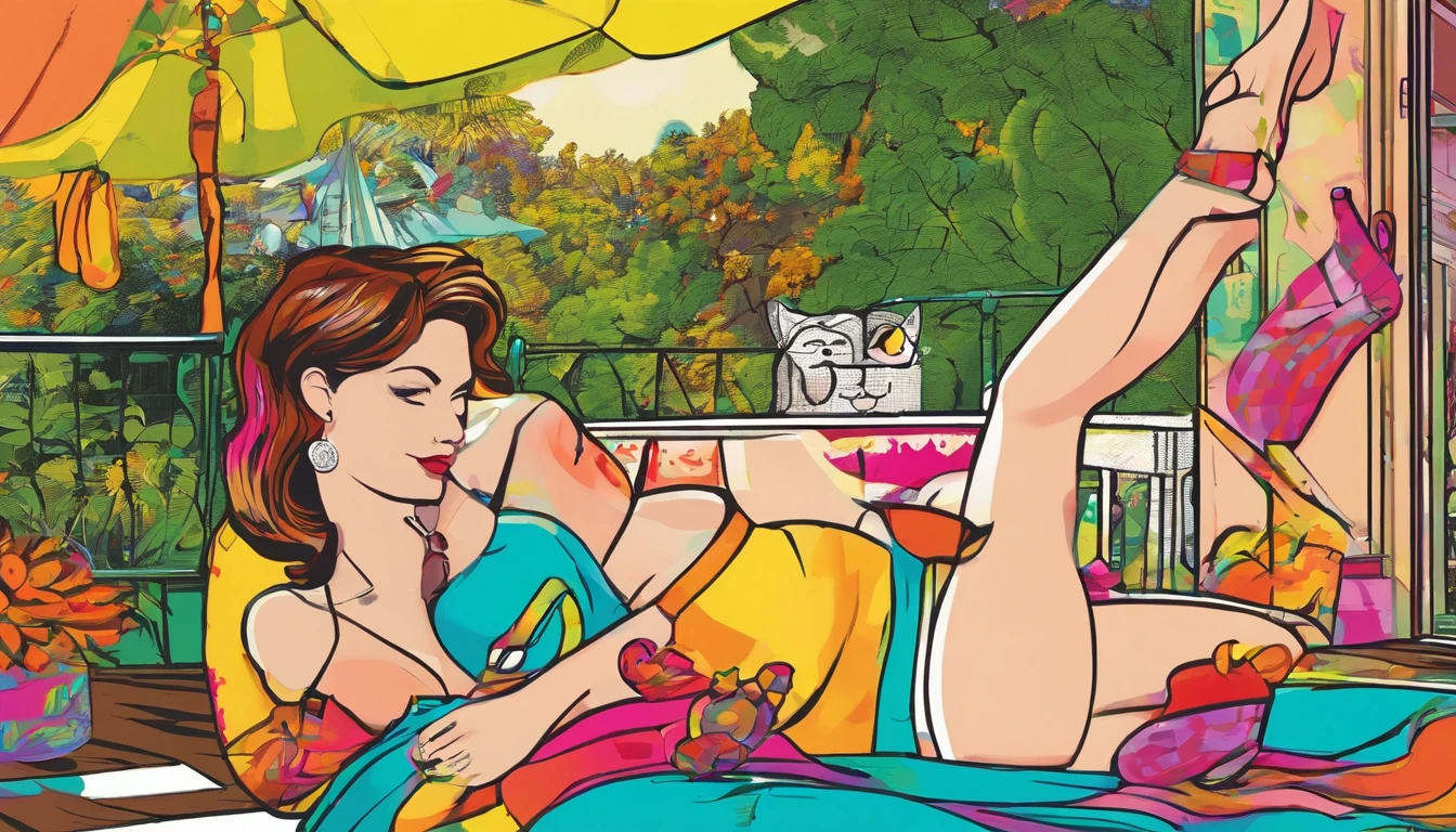 attractive 45-year-old woman, with fairly short brown hair on the sides of her head, some bangs, brown eyes, sunbathing in a bikini lying in a hammock and with a watering can next to her, with an old country house in the background and a cat nearby
