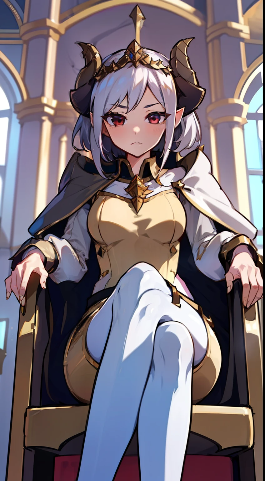 1girl 20 years,solo,serious face,light white short dress,medium tits,white hair,short hair,red eyes,elves ears,golden horns,white pantyhose,gold high heels,((gold tiara)),down-up view,crossed legs,Detailed,(long cape),(((sitting on the great throne of a room inside a castle))),