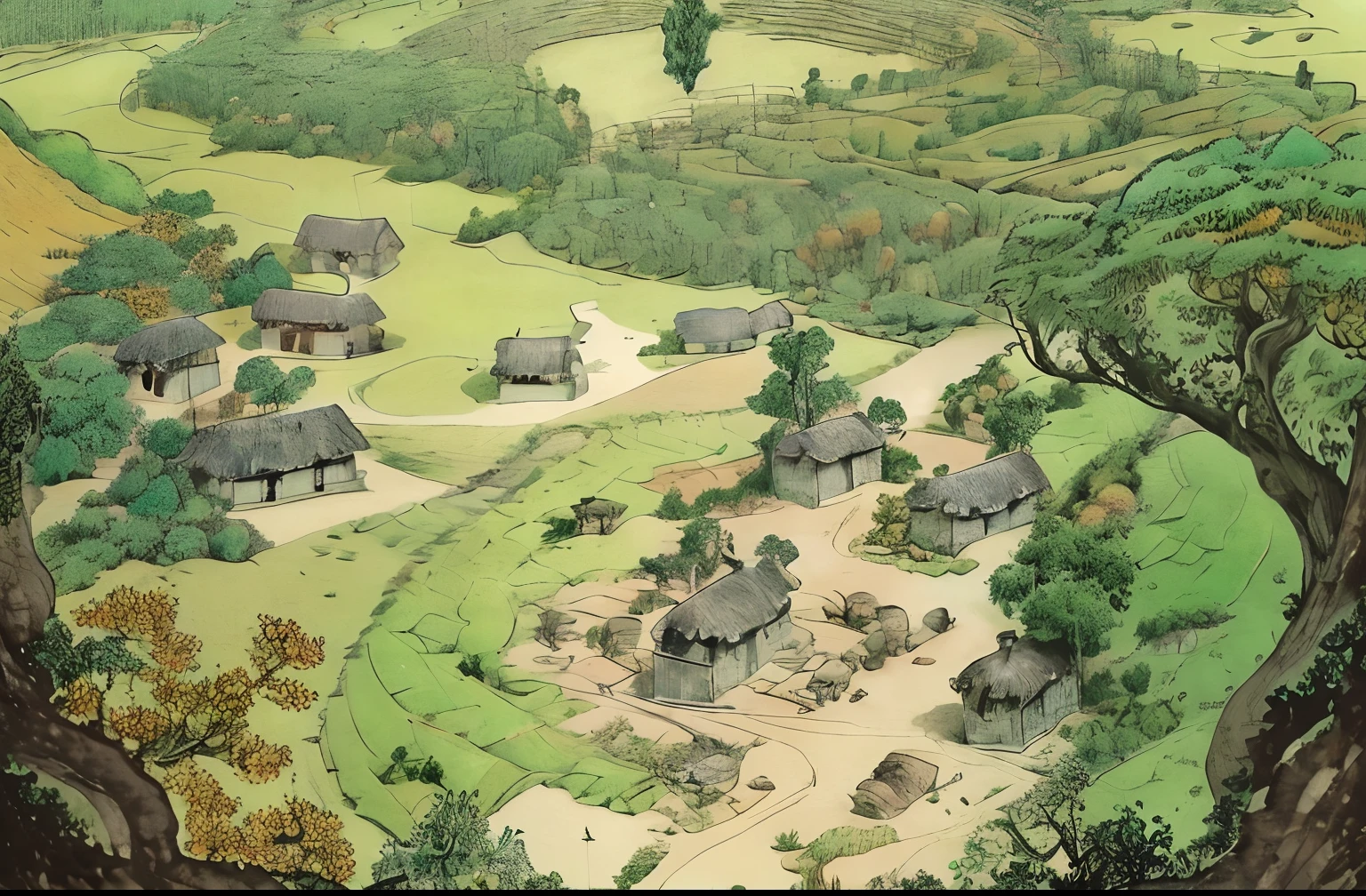 There is a drawing of a village with a thatched roof, full-page illustration, full-page illustration, An illustraion, aerial illustration, detailed digital illustration, pequena aldeia, Cabanas, pequena aldeia, pequenos assentamentos, casas de taipa e alvenaria, aldeia, isometric illustration, finely detailed illustration, Aldeias, detailed 2d illustration, spot illustration, illustration detailed