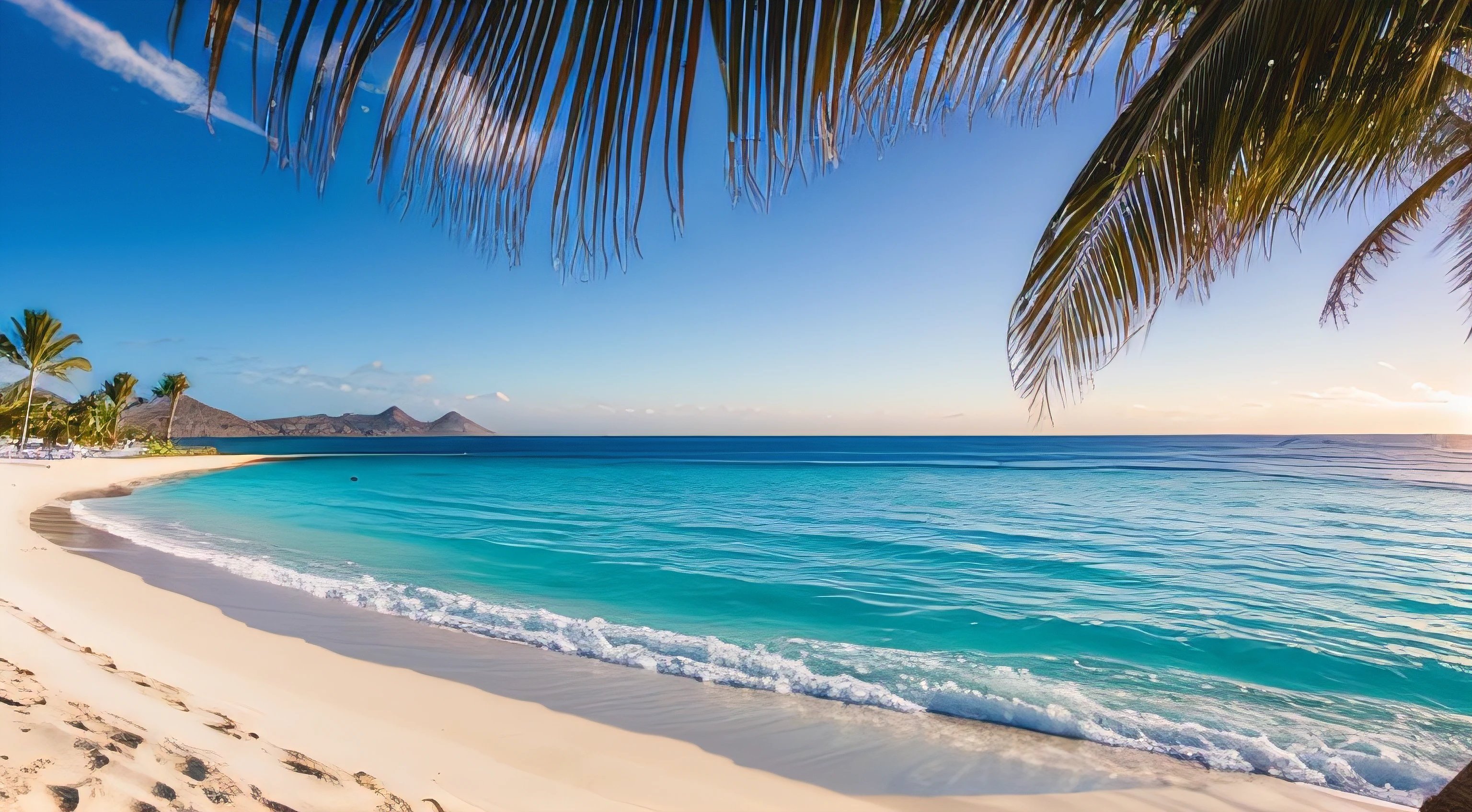 paradise beach, mar azul, arena blanca, palmeras, Sun half day, volumetric illumination