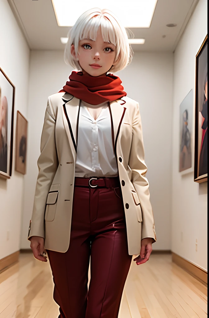 anime young girl in a museum, glowing eyes, short hair, hair tied back, white colored hair, red colored eyes, small chest, small thighs, medium body, red scarf, red coat, pants, smile face, red nose, sharp focus, vibrant colors, wood floor, white marble walls, painting on the walls