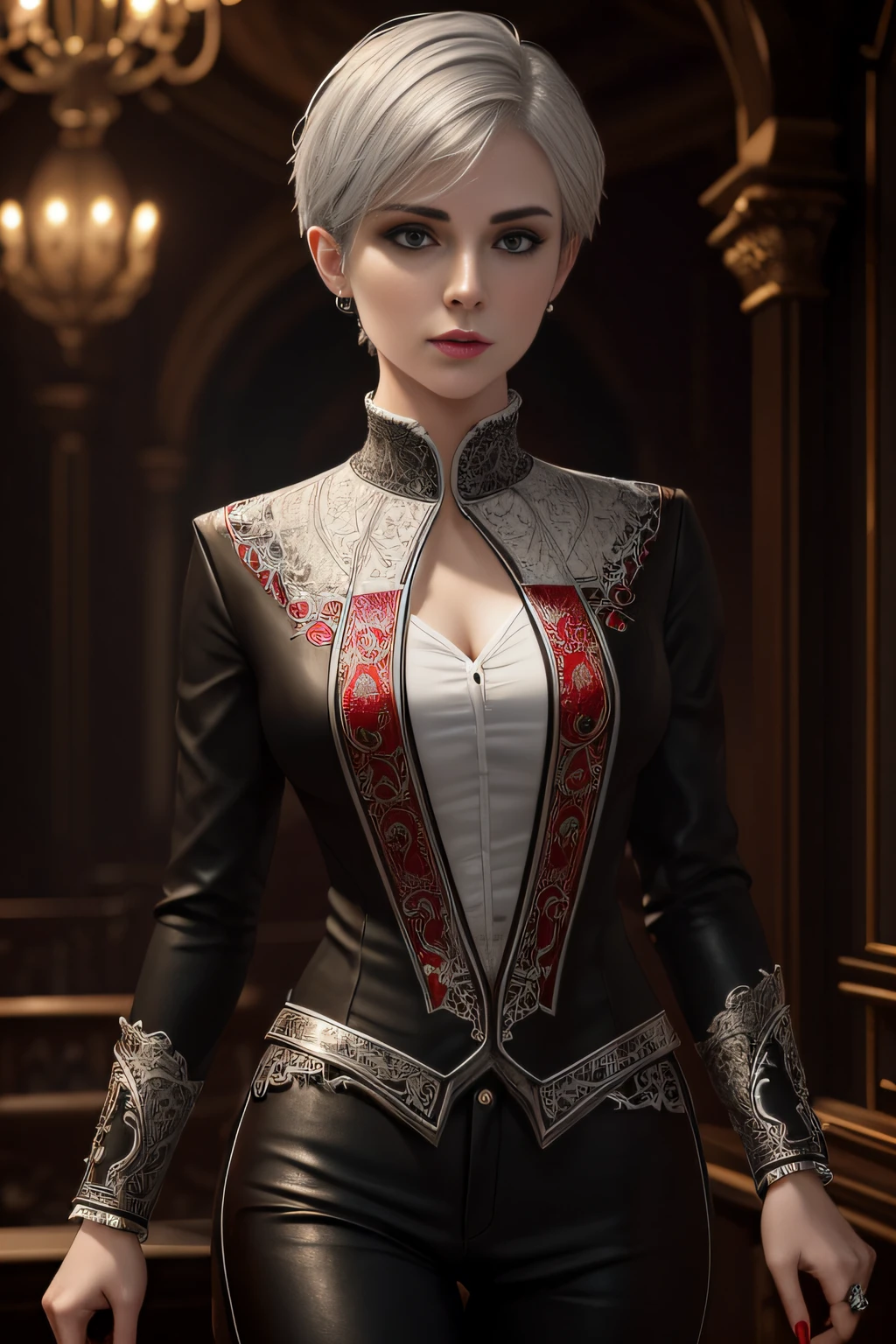 a beautiful 25 years old British female vampire royalty with short silver hair, pale skin, wearing silver colored shirt with red ornate lining and black tight pants, view from front, ambient lighting, photo realism, intricate face detail, intricate hand details, highly detailed, vibrant colors, cinematic, high definition, trending on Artstation--style raw