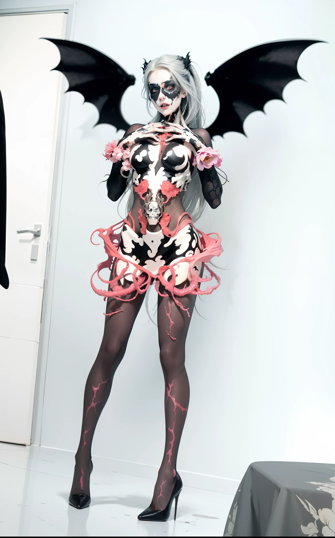 Fine matte paint,Skeleton Dark Angel,Haunted castle with large wings, Fill the drawing table with a knife,terroral,uncanny,horrid,secret terror,tentaculata,grape trees,The eye,uncanny valley effect teeth,all fours,Critters,Blood Moon,Woman's carcass,body art,Sexy beauty,8K,Blu-ray quality,Stunning graphics,hight contrast,Bright colors,