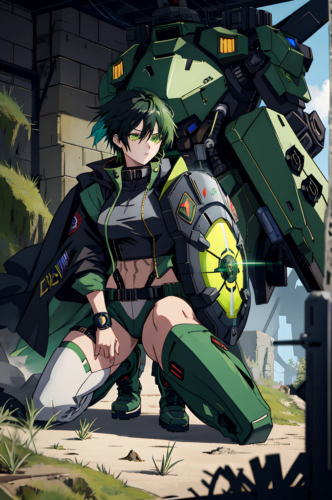 Anime girl sitting on the ground,Black cape and green hair, rogue anime girl, the anime girl is crouching, Wearing a cloak on the blasted plain, asuka suit under clothes!, holy cyborg necromancer girl, badass posture, mechanic punk outfit, anime styled 3d, render of a cute 3d anime girl, gapmoe yandere grimdark, Female character,musculature,Abs,Glowing green eyes,Black hair with green gradient,short detailed hair,Bunched hair,Dull hair,huge tit,Tomboyish,Be red in the face,looking at viewert,There was a mech next to her,One-eyed mech,The mech extends its shield to protect her,Round shield,Humanoid mech,complete with guns in her hands