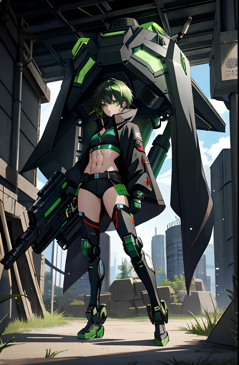 Anime girl sitting on the ground,Black cape and green hair, rogue anime girl, the anime girl is crouching, Wearing a cloak on the blasted plain, asuka suit under clothes!, holy cyborg necromancer girl, badass posture, mechanic punk outfit, anime styled 3d, render of a cute 3d anime girl, gapmoe yandere grimdark, Female character,musculature,Abs,Glowing green eyes,Black hair with green gradient,short detailed hair,Bunched hair,Dull hair,huge tit,Tomboyish,Be red in the face,looking at viewert,There was a mech next to her,One-eyed mech,The mech extends its shield to protect her,Round shield,Humanoid mech,She had a giant gun in her hand,Large sci-fi firearms