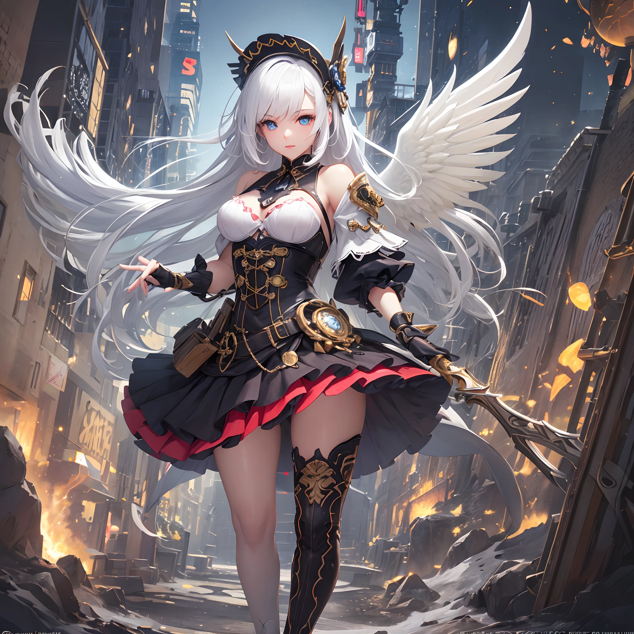 (masterpiece、highest quality, wonderful, very detailedティッカーユニティ、8k wallpaper, Depth of bounds written, Ultra-fine illustration:1.5)、。.。.3D, very detailed, (Full body Esbian、Mecha elf girl:1.3), sci-fi battlefield, Hawken, smile, open your mouth、short ponytail hair, (white blonde hair, deep blue eyes:1.2), sparkling eyes, cute顔, cute, big breasts, delicate hair, messy hair, (((Flying high in the sky))、blue sky, White cloud), shiny hair, shiny skin, (Symmetrical mechanical winetallic colored mechanical wings that are widely expanded to the left and right so that they protrude wonderfully from the screen, headgear, white hair ornament), (particles of light, cinematic lighting: 1.3), (light pink lips: 0.8), by Yusuke Murata.