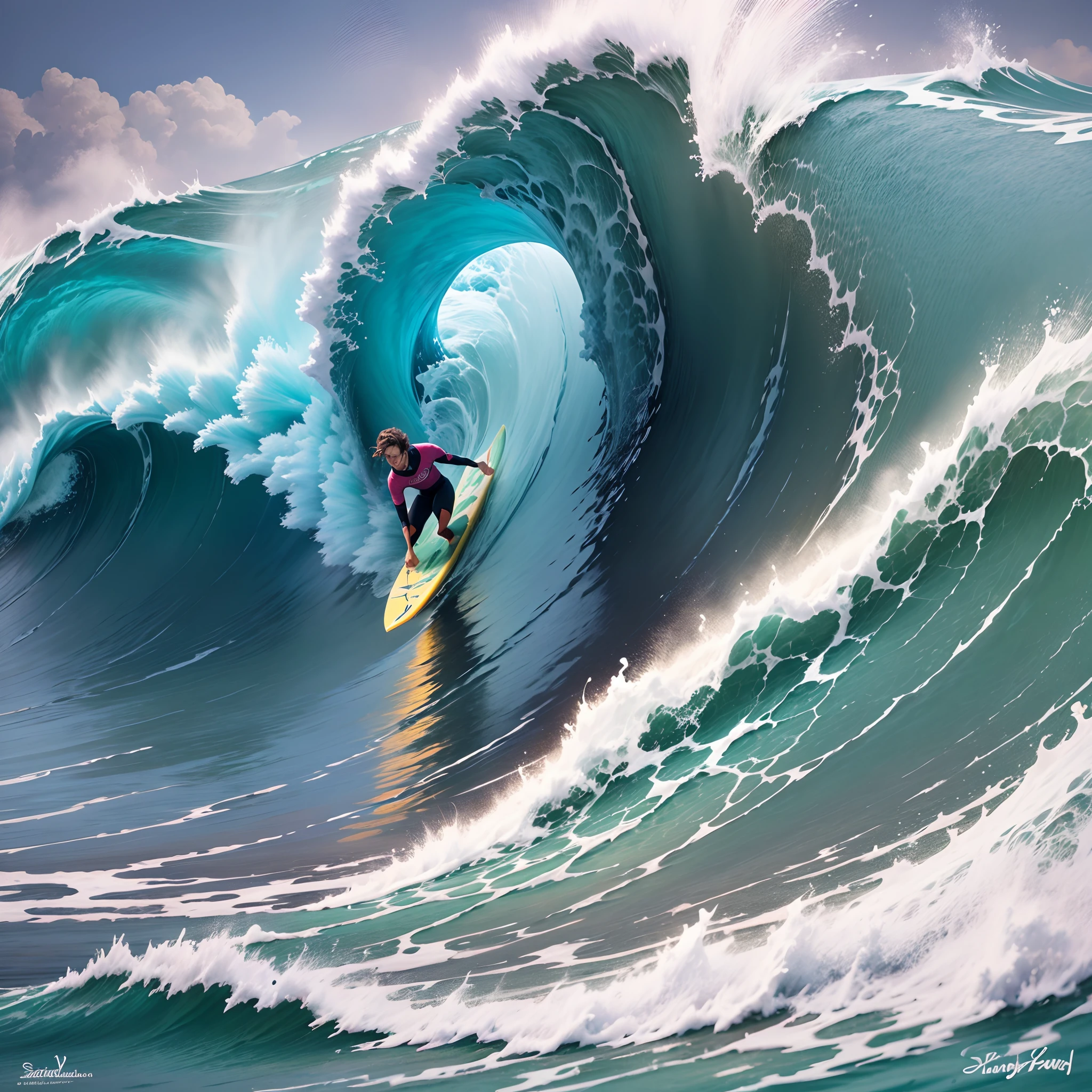 banana ridibg a big wave on a pink surfboard. --auto --s2