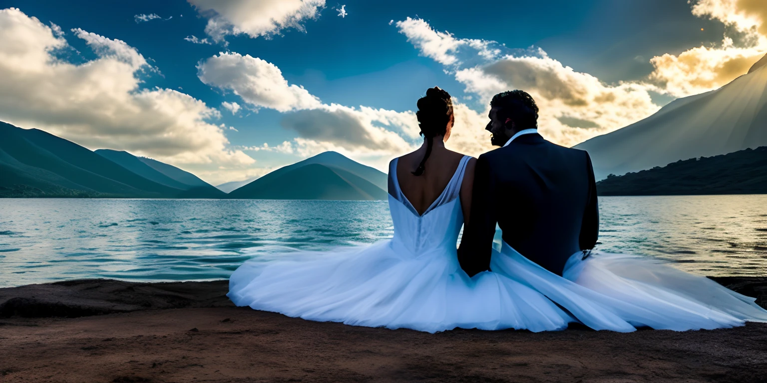 (estilo disney) Homens e mulheres de frente para um lago, Behind the mountains, nas laterais um pinhal, with a sky of clouds, Anjos Acima das Nuvens, e no meio dos anjos um trono, sentado no trono um rei, but no You can see his face much, por causa dos raios solares.