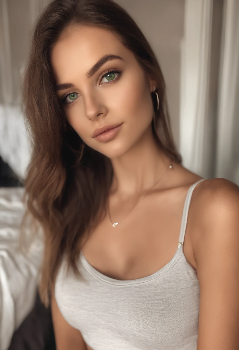 arafed woman with a white tank top and a necklace, sexy girl with green eyes, portrait sophie mudd, brown hair and large eyes, selfie of a young woman, bedroom eyes, violet myers, without makeup, natural makeup, looking directly at the camera, face with artgram, subtle makeup, stunning full body shot, piercing green eyes,completely naked show her