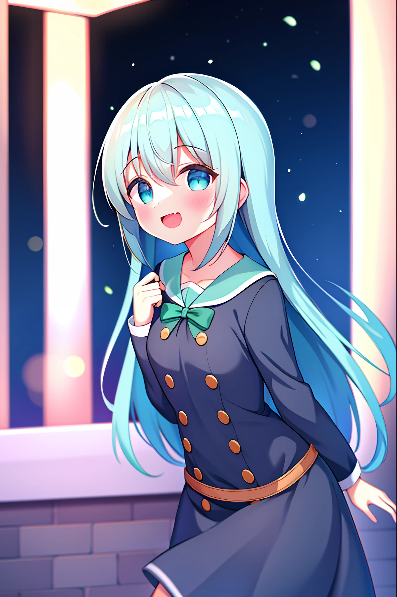 absurdos, alta qualidade, Jogo CG, 1girl, Aqua do anime Konosuba, vestido de noite, vestido babado, Frescuras, ao ar livre, night sky, penas em queda, parte superior do corpo, light particles, Bokeh, chromatic aberration, olhos azuis, cabelos longos, cabelos azuis.