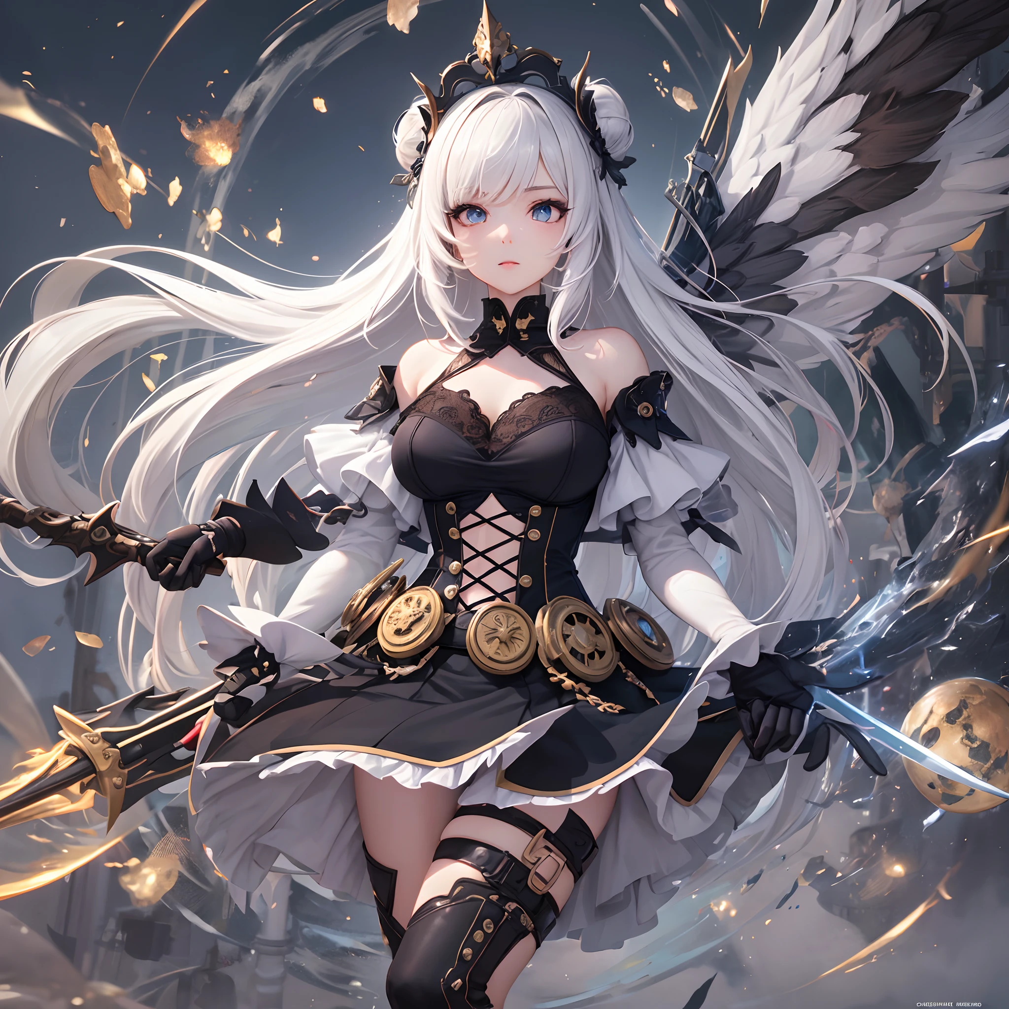 ((Highest quality)), ((Truly a masterpiece)), ((Ultra-detailed:1.4)), ((Ultra-Photorealistic 3D)), Android Magical Girl, Mechanical body, Dynamic action poses for battle scenes, Very complex and heavy fighter aircraft mechanical armament, Off-the-shoulder fashion that combines steampunk and gothic lolita with attention to detail, Intricate steampunk headgear, Very thin、Over-the-knee reggae mechanical boots、Fluttering lace flare mini skirt、 Beautiful small breasts directed upwards、Swaying in the Wind、Long, curly silver hair,、Countless large, shining spheres fly around、Lots of sparks cross and fly、Countless neon lights pouring down from the magical pose、Complex and precise mechanical Night City、Very dark background、Very dramatic and cinematic lighting、Big wings on the back8Growing in Sheets。