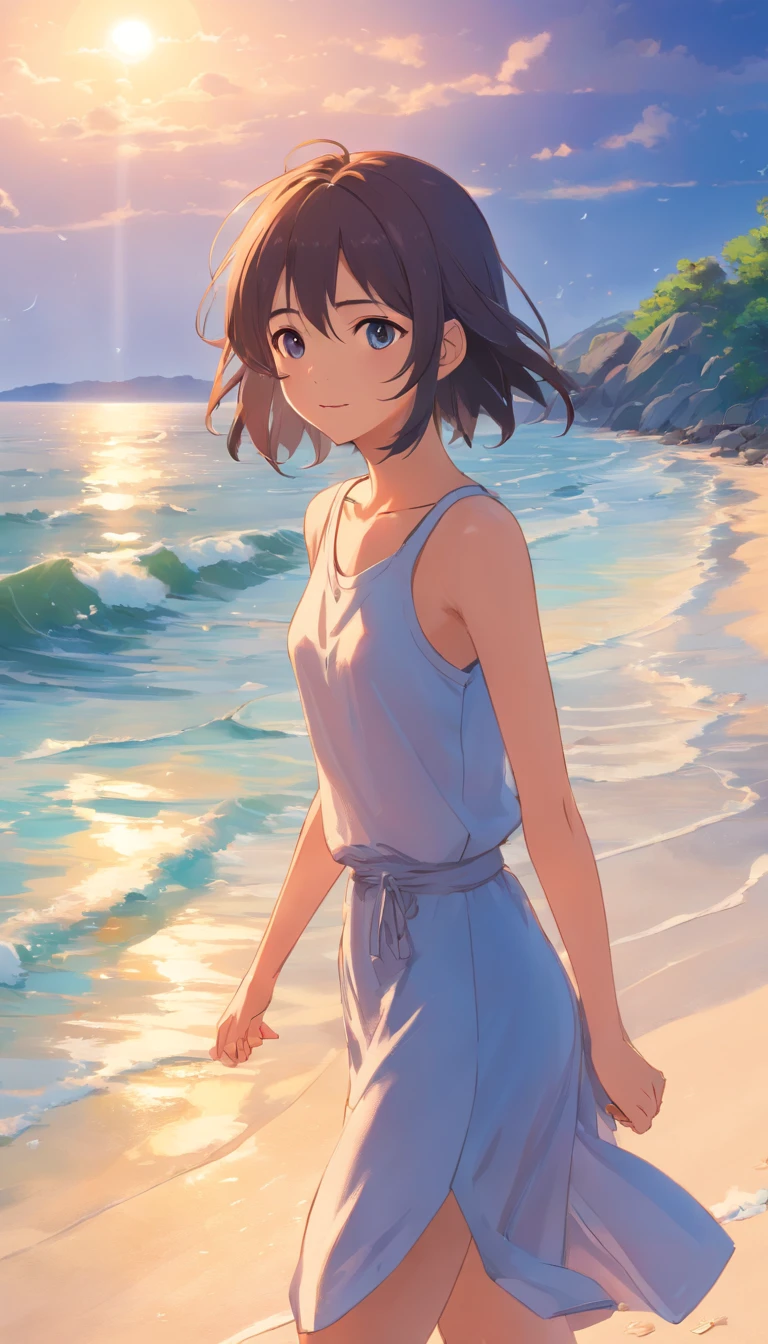 tmasterpiece,beste-Qualit,Cinematographic film by,Warm and soft lighting,Le soleil couchant,Houle Mer,plage de sable,No man
