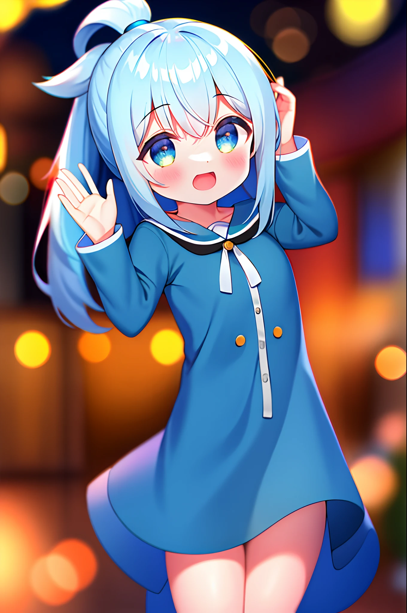 absurdos, alta qualidade, Jogo CG, 1girl, Aqua Konosuba, vestido de noite, vestido babado, Frescuras, ao ar livre, night sky, penas em queda, parte superior do corpo, light particles, Bokeh, chromatic aberration, olhos azuis, cabelos longos, cabelos azuis.