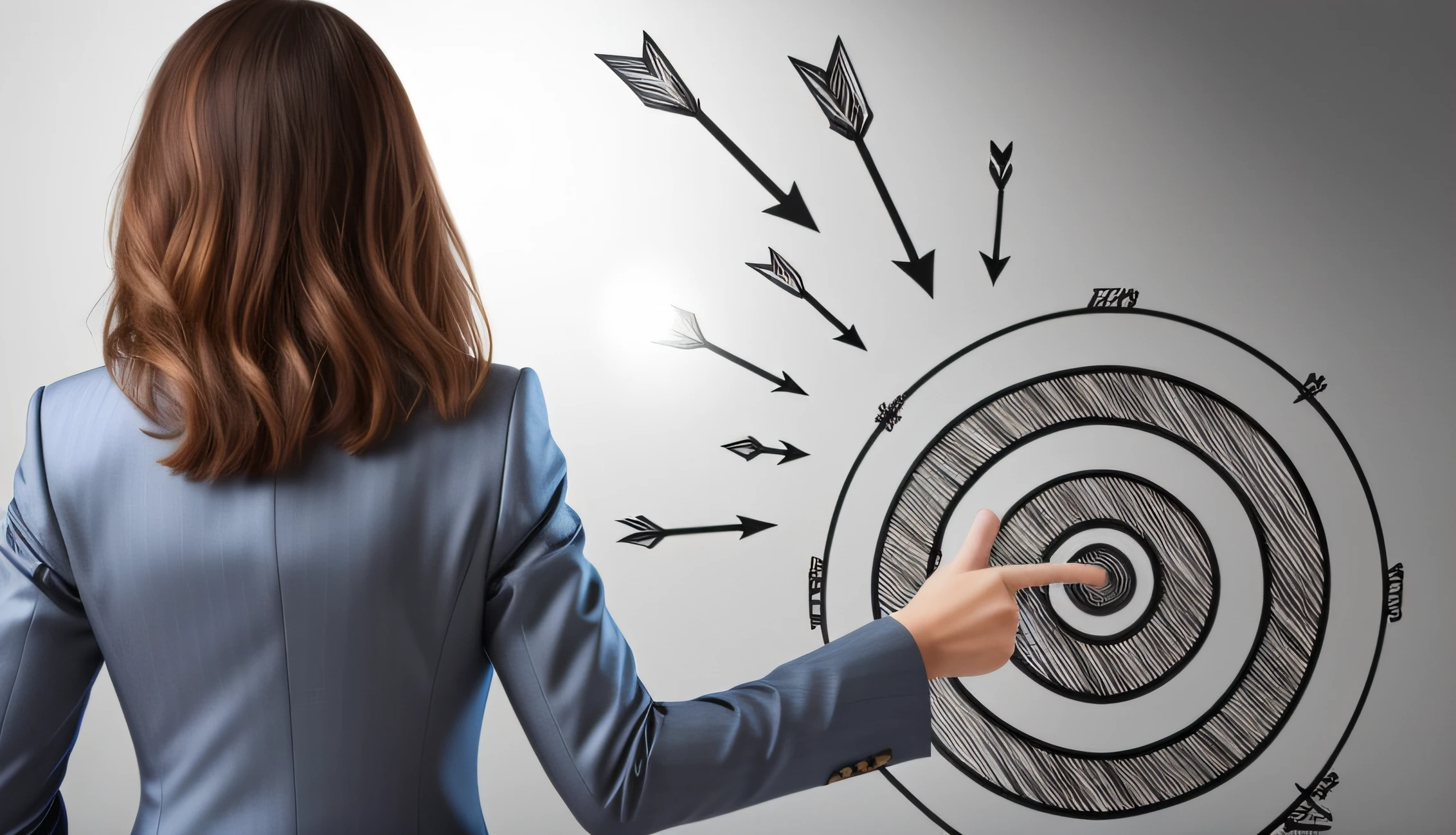 a woman in a business suit pointing to a drawing of arrows, Apontando, iStockphoto, mirando um arco e flecha, altamente focado, desenhado digitalmente, Imagem de Stock, tiro centralizado, Ad image, cuidadosamente desenhado, na frente de uma rodada, trending on pixabay, Foto de estoque, mulher segurando o arco recurvo, foco no centro, foco feminino, arte em alta