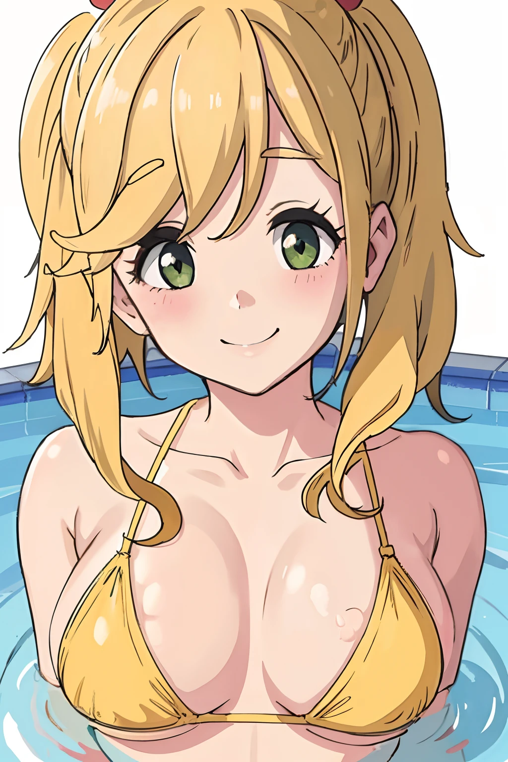 (best quality, masterpiece), 1girl ,looking at viewer, smile, blonde hair, yellow bikini, blush
