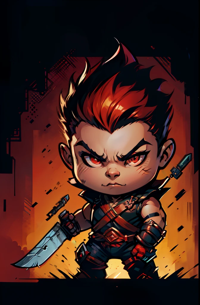 1young warrior, baby face ,chibi, anthropomorphic, big red eyes,warrior with one weapon, character 1:1, simple dark background