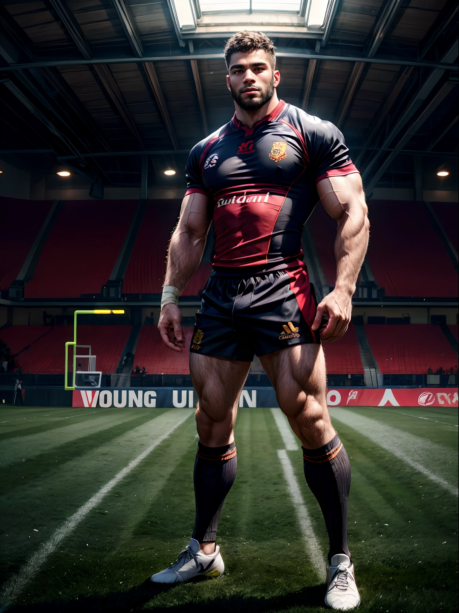 masterpiece, best quality, high resolution, closeup portrait, male focus, solo focus, muscular, burly, hairy, male, a black man, a rugby player, 18 years old, perfect body, dark skin, body hair, facial hair, a football field in the background, full body, amazing composition, front view, HDR, volumetric lighting, ultra quality, elegant, highly detailed