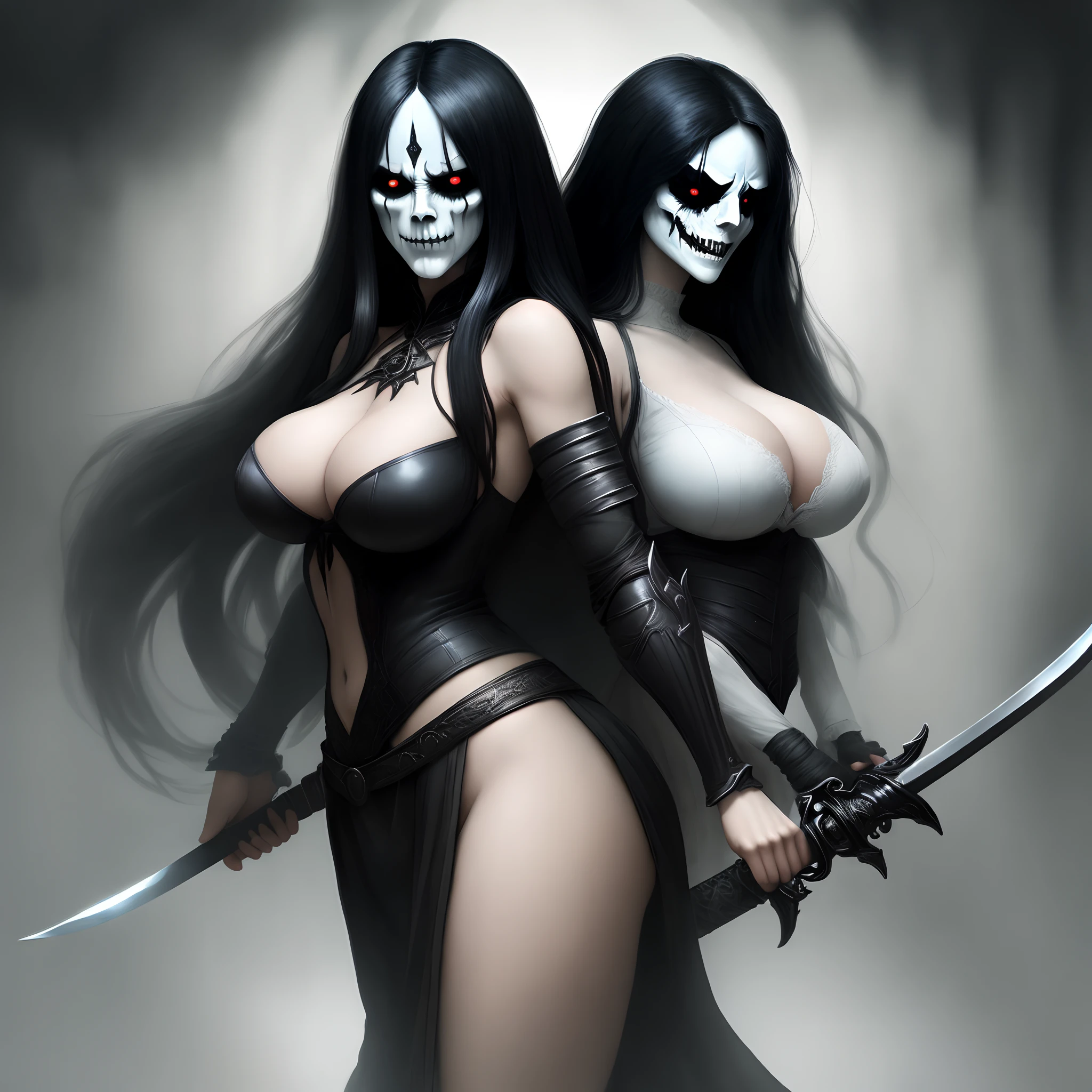 Big tit women with long sword and scary white face and long flowing black hair wearing black armer