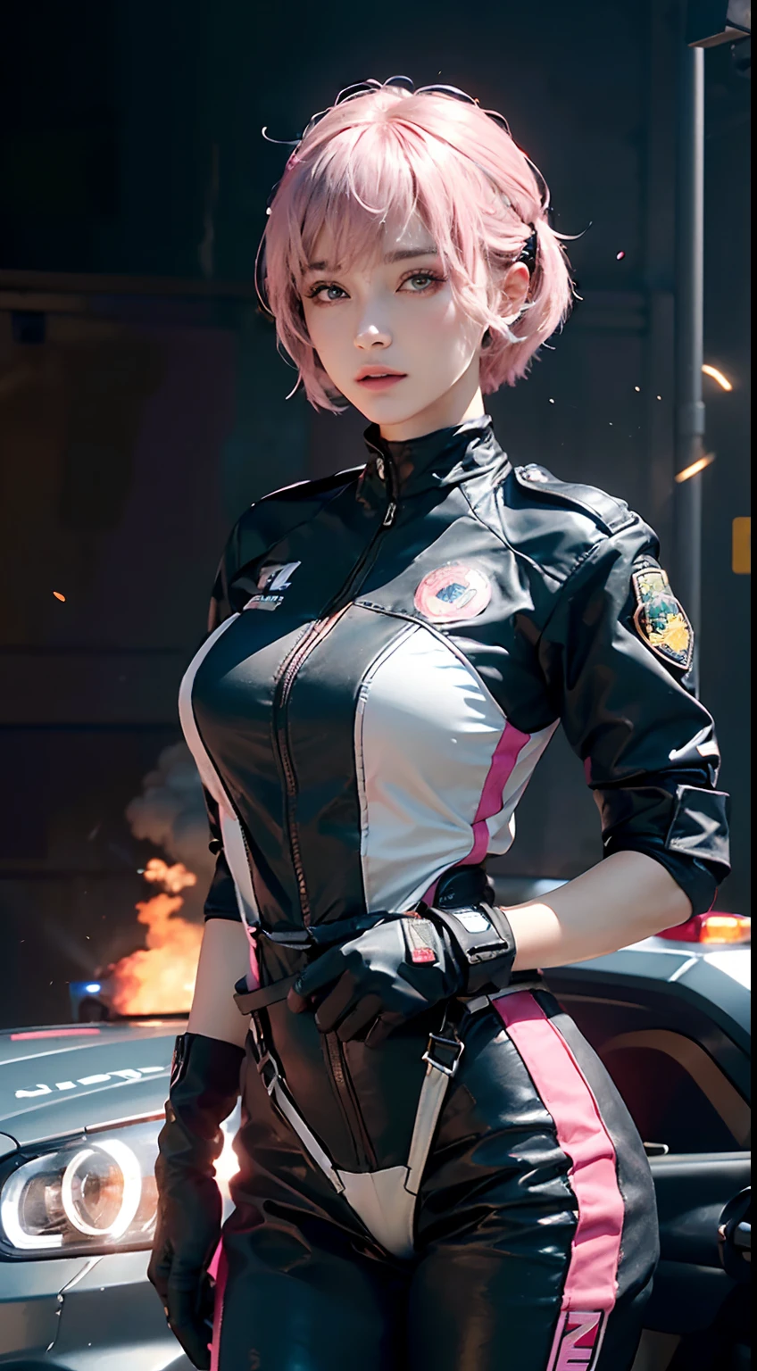 Top Quality, Ultra High Definition, (backlight), (Photorealistic: 1.4), (close up:1.6, focus on face), 1 Beautiful Girl, (Kpop Idol), Detailed Face, (Hair Style: Pink:1, fullbang, shortbob-style:1), Contrapposto, Perfect Anatomy, Smooth Skin, Professional Lighting, ((wearing Futuristic Police Racing Suits, police wappen, High-tech Headset, military harness, racing gloves, machinegun)), ("POLICE", Cloths colors based on silver pink black white), (background, crashed cars, fire, (Explosion)),