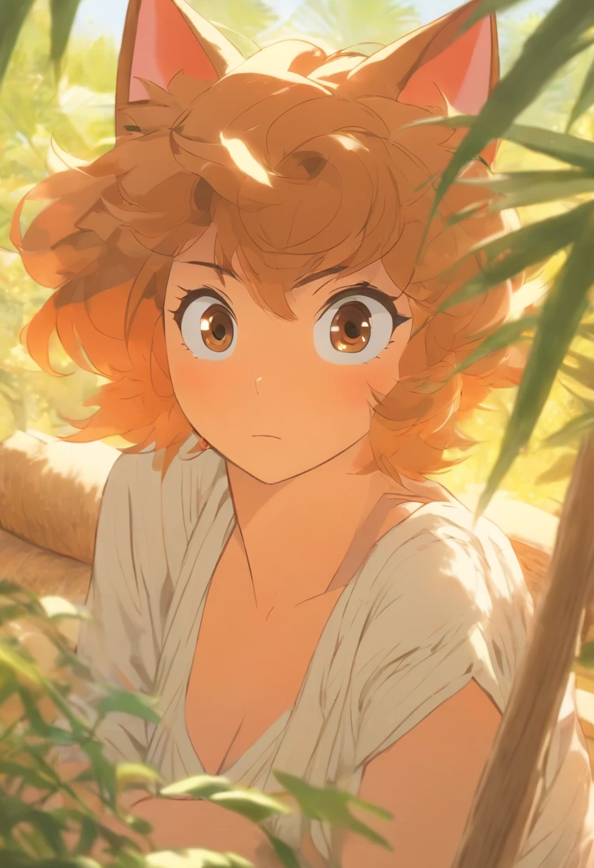 Attractive 45-year-old woman with fairly short brown hair on the sides of her head, algo de flequillo, auburn eyes, tomando el sol en biquini tumbada en una hamaca, con una regadera al lado, con una casa de campo de fondo antigua y un gato por las inmediaciones, obra maestra