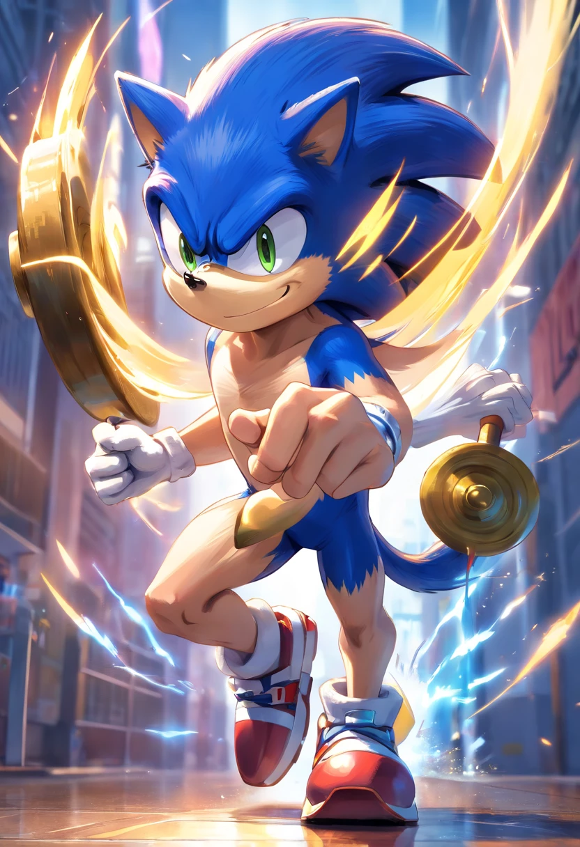 (a T-shirt illustration of a muscular Sonic the hedgehog, antrofomórfico, Sonic the hedgehog,macho, forte, Barbell, malhar intensamente em uma academia)