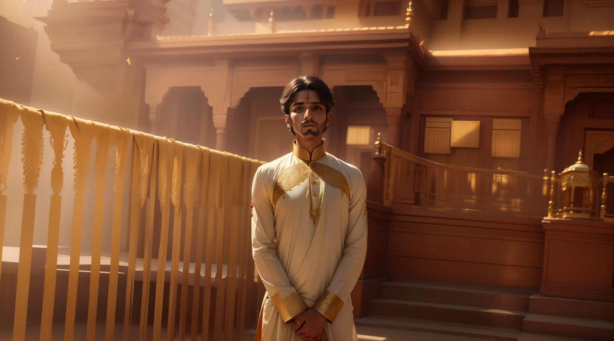 (best quality,8k,highres,masterpiece:1.2),ultra-detailed,Indian dhoti kurta with angel wings, vibrant colors, intricate embroidery, glittering gold accents, serene expression, soft lighting, traditional Indian backdrop with my real face