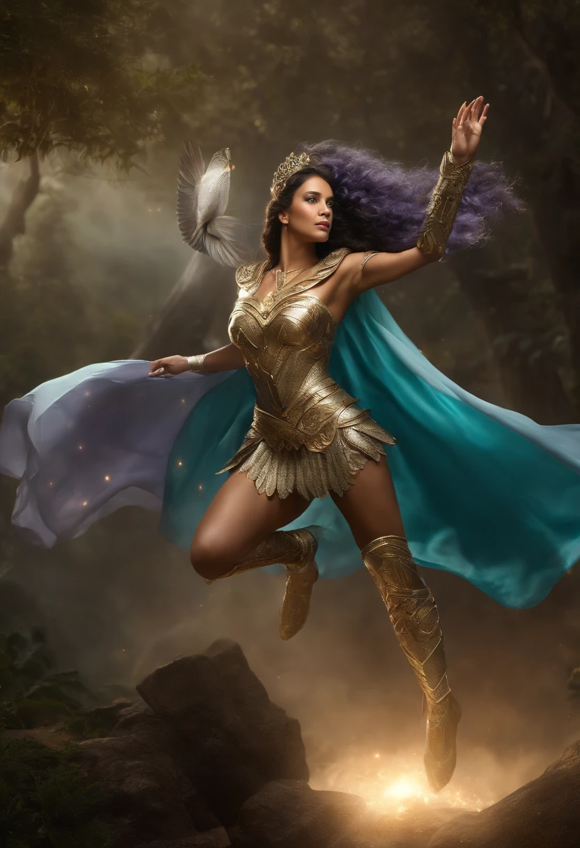 (best quality,4k,8k,Altas,master part:1.2),ultra-detalhado,(Realistic,fotorrealista,photo-realistic:1.37),Silver Amazon jumps into the air to unleash its attack, usa uma armadura de prata, longos cabelos azuis claros fluindo no ar, Gleaming cosmos coming out of hands, Noite, starly sky, estrelas brilhantes iluminando a cena, magical aura, Soft sparkles emanating from the Amazon, dynamic pose, salto no ar, conveying a sense of power and determination, cores vibrantes, armadura toda prateada detalhada e intrincada, estilo realista, Emphasis on the Amazon and its action, Olhos bonitos e detalhados, nariz, and lips, adding a touch of delicacy to your appearance, lighting highlighting the central figure, projetando sombras suaves ao seu redor. Olhos grandes, being a lilac and a turquoise. A armadura protege o corpo, as in Knights of the Zodiac. Wears lilac leggings.