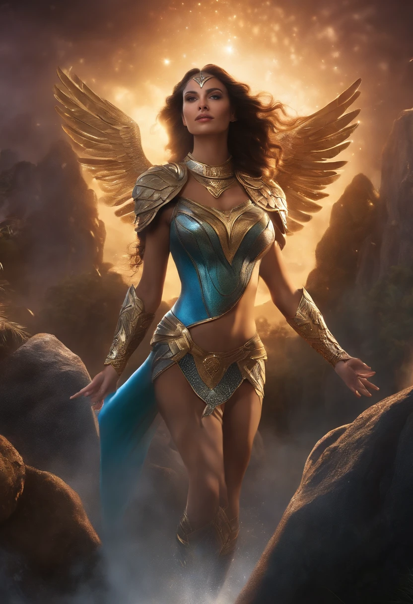 (best quality,4k,8k,Altas,master part:1.2),ultra-detalhado,(Realistic,fotorrealista,photo-realistic:1.37),Silver Amazon jumps into the air to unleash its attack, usa uma armadura de prata, longos cabelos azuis claros fluindo no ar, Gleaming cosmos coming out of hands, Noite, starly sky, estrelas brilhantes iluminando a cena, magical aura, Soft sparkles emanating from the Amazon, dynamic pose, salto no ar, conveying a sense of power and determination, cores vibrantes, armadura toda prateada detalhada e intrincada, estilo realista, Emphasis on the Amazon and its action, Olhos bonitos e detalhados, nariz, and lips, adding a touch of delicacy to your appearance, lighting highlighting the central figure, projetando sombras suaves ao seu redor. Olhos grandes, being a lilac and a turquoise. A armadura protege o corpo, as in Knights of the Zodiac. Wears lilac leggings.