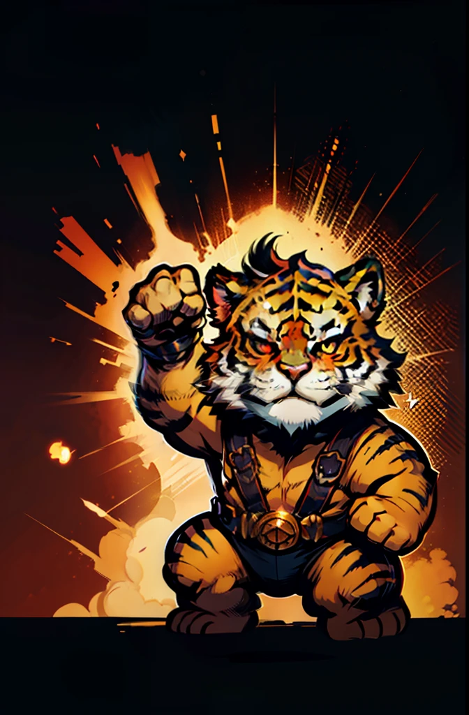 1young tiger,  tiger ,chibi, anthropomorphic, golden fur, big red eyes,unbreakable warrior with, character 1:1, dynamique pose, simple dark background