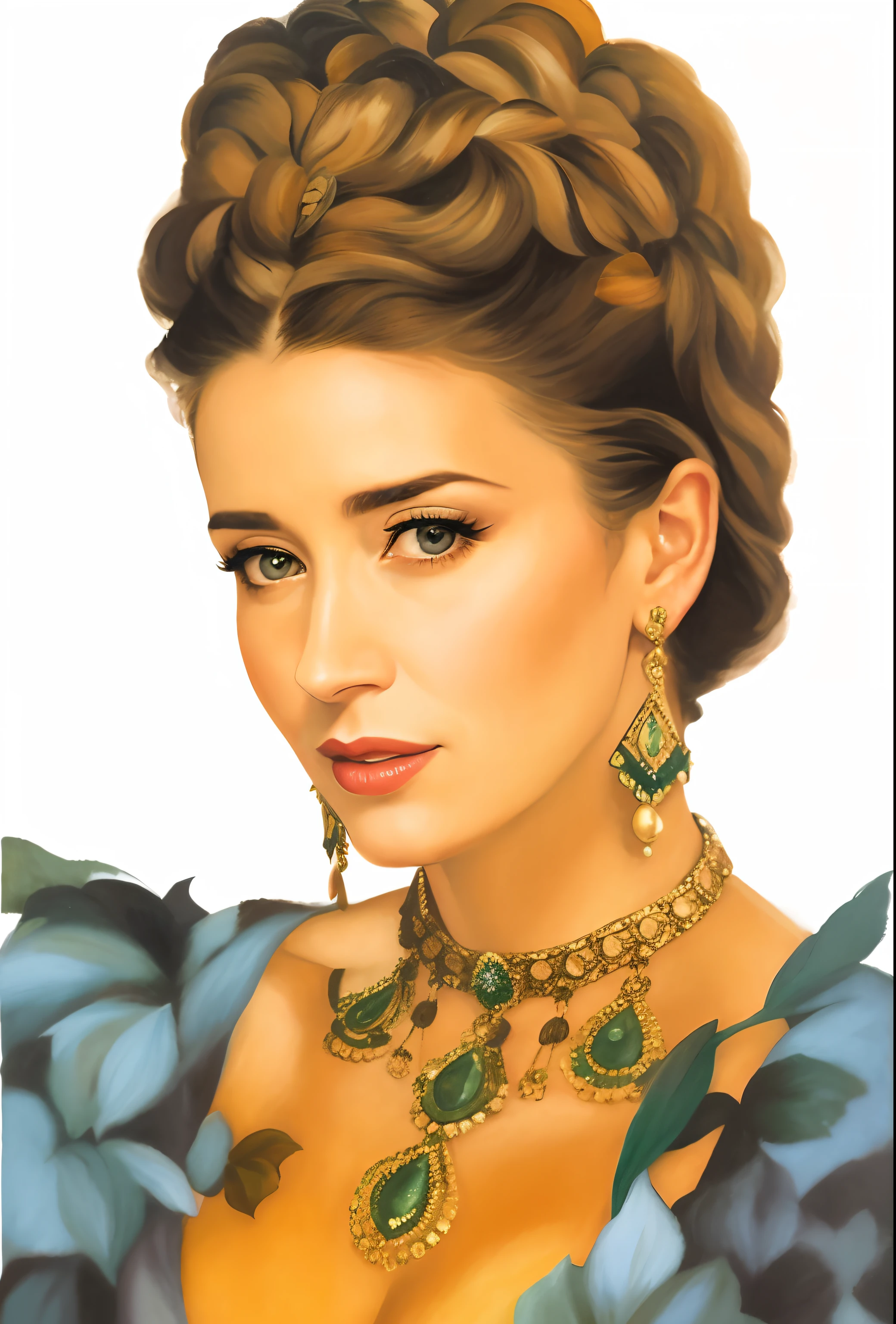 um close up de uma mulher usando um colar e brincos, arte digital de um elegante, pintura digital elegante, retrato colorido detalhado, Retrato de Emily Blunt como rainha, No estilo de arte de Bowater, retrato de beleza detalhado, pintura digital barroca, em estilo de pintura digital, Retrato de uma rainha elfa, pintura digital renascentista, oil painting of princess vulvine, Alta qualidade, Obra de arte, Atriz Maite Proesa, Novela da Globo