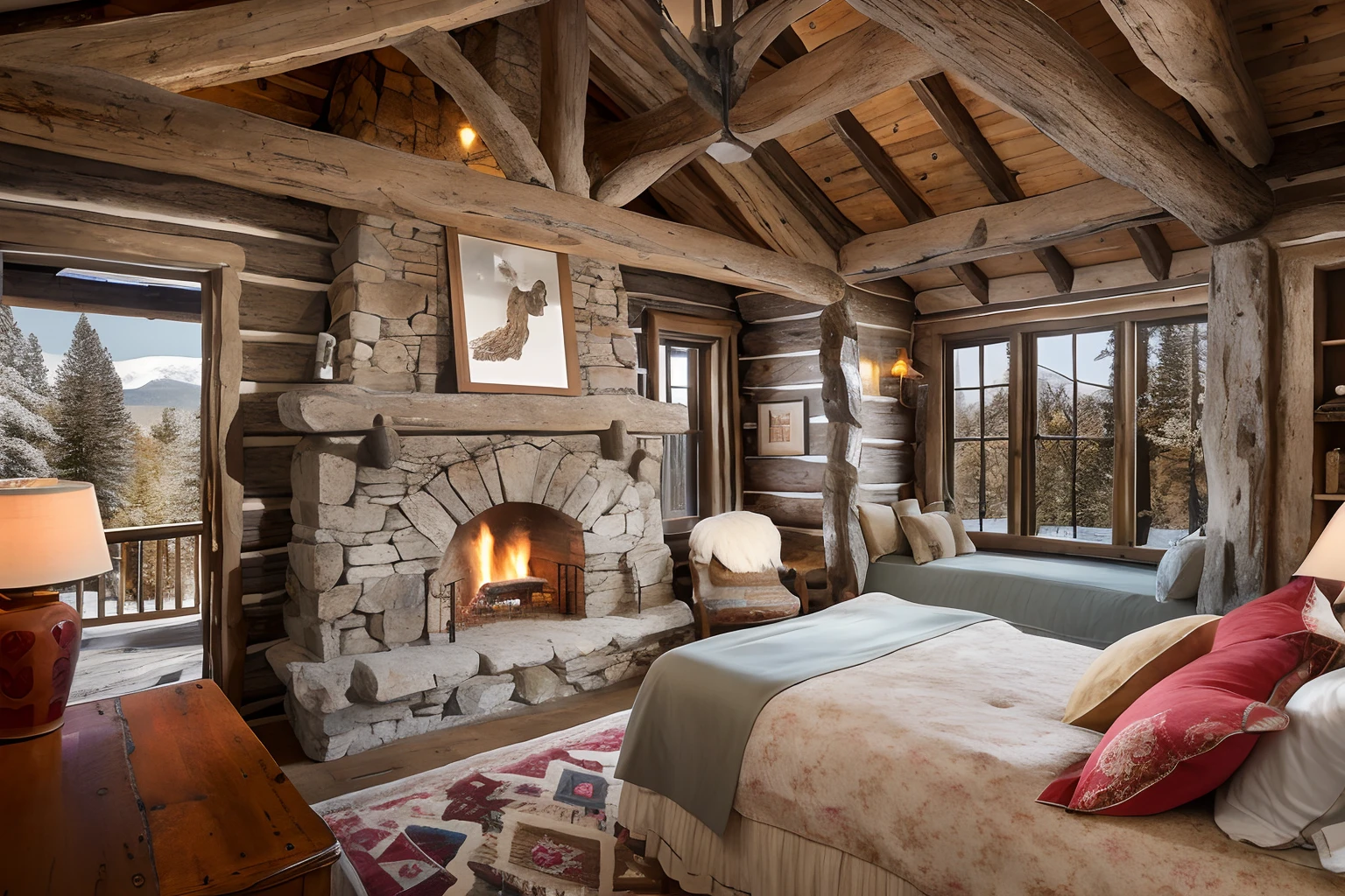 arafed bedroom with a fireplace and a bed in front of a window, breathtaking detail, cozy setting, rustic stone cabin in horizon, cozy and calm, very cozy, log homes, tim hildebrant, log cabin, bedroom full of fire, rustic setting, in an old west cabin, bottom angle, rustic and weathered, timeless masterpiece, cozy place, ornate retreat