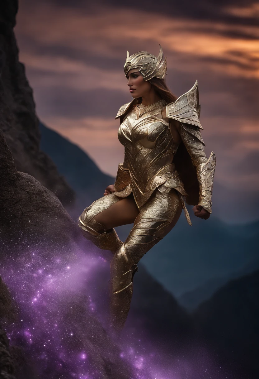 (best quality,4k,8k,Altas,master part:1.2),ultra-detalhado,(Realistic,fotorrealista,photo-realistic:1.37),Silver Amazon jumps into the air to unleash its attack, usa uma armadura de prata. longos cabelos azuis claros fluindo no ar, Gleaming cosmos coming out of hands, Noite, starly sky, estrelas brilhantes iluminando a cena, magical aura, Soft sparkles emanating from the Amazon, dynamic pose, salto no ar, conveying a sense of power and determination, cores vibrantes, armadura toda prateada detalhada e intrincada, estilo realista, Emphasis on the Amazon and its action, Olhos bonitos e detalhados, nariz, and lips, adding a touch of delicacy to your appearance, lighting highlighting the central figure, projetando sombras suaves ao seu redor. Olhos grandes, being a lilac and a turquoise. A armadura protege o corpo, as in Knights of the Zodiac. Wears lilac leggings.