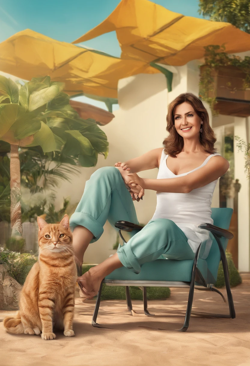 Attractive 45-year-old woman, with short brown hair on the sides of the head, algo de flequillo, auburn eyes, tomando el sol en biquini tumbada en una hamaca y con una regadera al lado, con una casa de campo de fondo antigua y un gato por las inmediaciones, sunny day, HDR