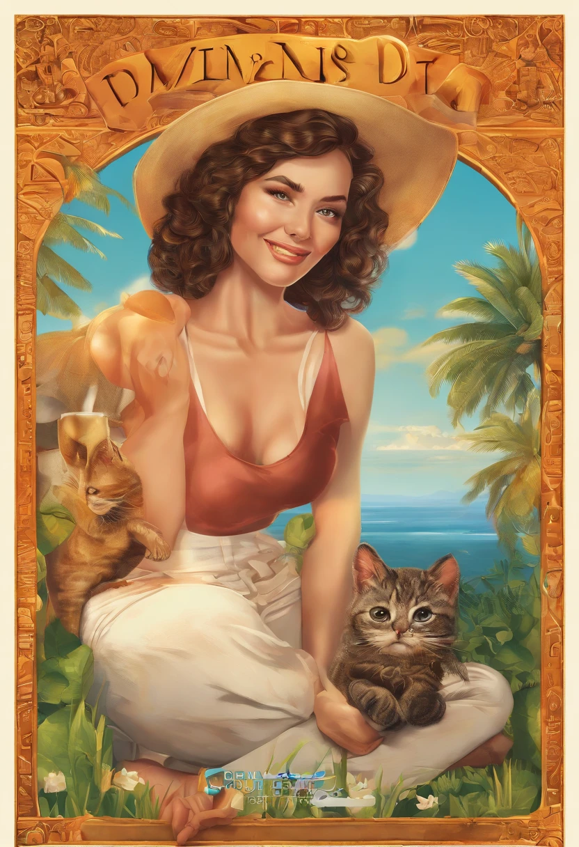 Attractive 45-year-old woman, with short brown hair on the sides of the head, algo de flequillo, auburn eyes, tomando el sol en biquini tumbada en una hamaca y con una regadera al lado, con una casa de campo de fondo antigua y un gato por las inmediaciones, sunny day, HDR