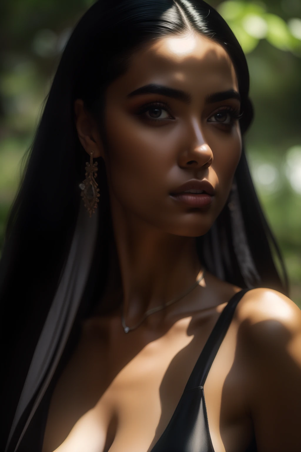 Roupa preta da mulher bonita no parque, ultra realistic, 8k, master part