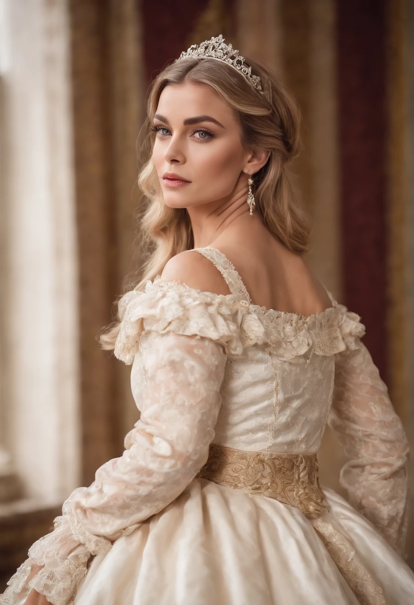 full body, godess, face of carmen electra, woman around 26 years old, blonde, distinctive brown eyes, slender and graceful, beautiful, ultra sharp focus, realistic shot, rococo queen, white royal dress, in victorian aristocrat, intricate victorian dress, dress in the style of rococo, rococo style portrait, rococo dress, beautiful female princess, historical baroque dress, aristocratic clothing, ivory rococo, beautiful fantasy maiden, victorian dress, rococo fashion