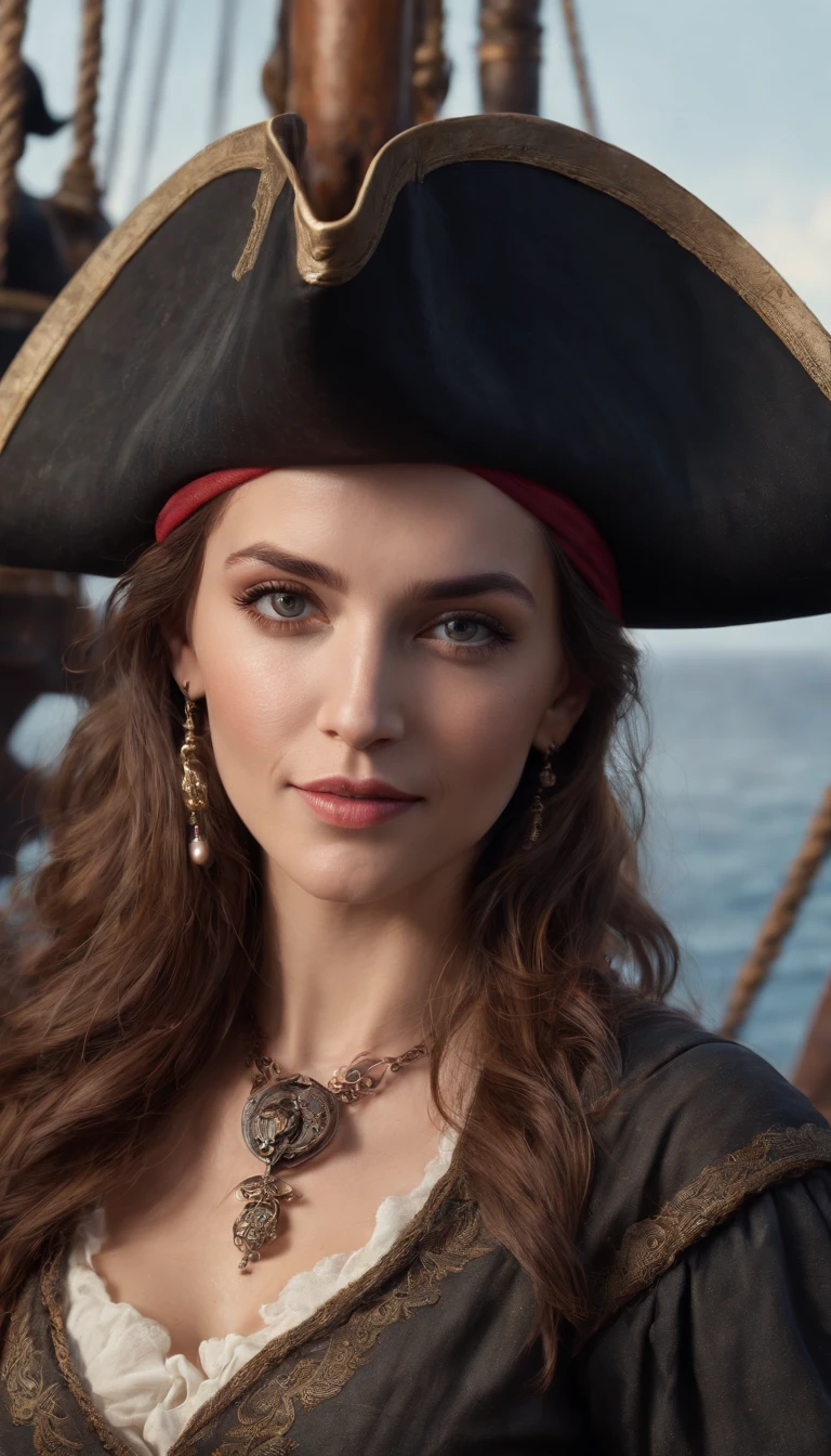 (8k, Best Quality, Masterpiece: 1.2), Photorealism, A realistic female pirate head with hair flying in the wind, Real photo, (((black tricorn hat))), ((skull pirate logo)) , (On a pirate ship: 1.50), eyes, (((night))), dim lights, 18th century clothing, cover, ultra-detailed painting, dim lights, flames of war, detailed patterns, dark makeup, earrings, treasure, driving ship, firelight, complex, cheerful, hearty smile, 8k resolution, gemstone necklace, tattoo, musket, parrot, on a moving ship, mast, fractal isometric detail, realistic face, realistic color scheme, rum wine,parrot,davinci,.12k,complex,movie,real life people,shadow studio,rim light,dim light,low key,cinematic,super detailed,crazy detail,beautiful color grading,unreal engine, DOF, super-resolution, megapixels, cinematic lightning, anti-aliasing, FKAA, TXAA, RTX, SSAO, post-processing