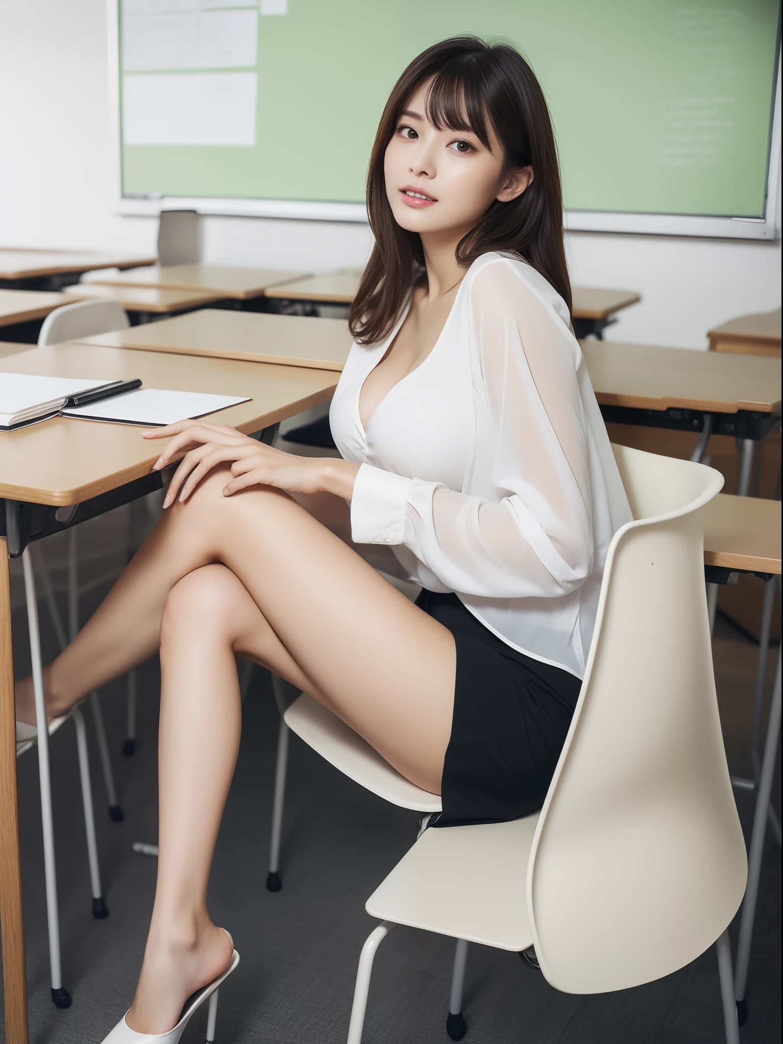 Alafed woman sitting at desk、Graceful legs、long thin legs、Plump thighs、long legged、Standing in class、very beautiful fleshy legs、Very beautiful long slim legs、Sitting at a desk、Sheer blouse、nice leg、good hips and long legs、beautiful legs、(panthyhose)、、Surreal Female Teacher、cleavage of the breast、large, round breasts forward,、(18K)、(top-quality:1.2)、(realisitic)、 (Photorealsitic:1.37)、The ultra-detailliert、huge filesize、no-bra