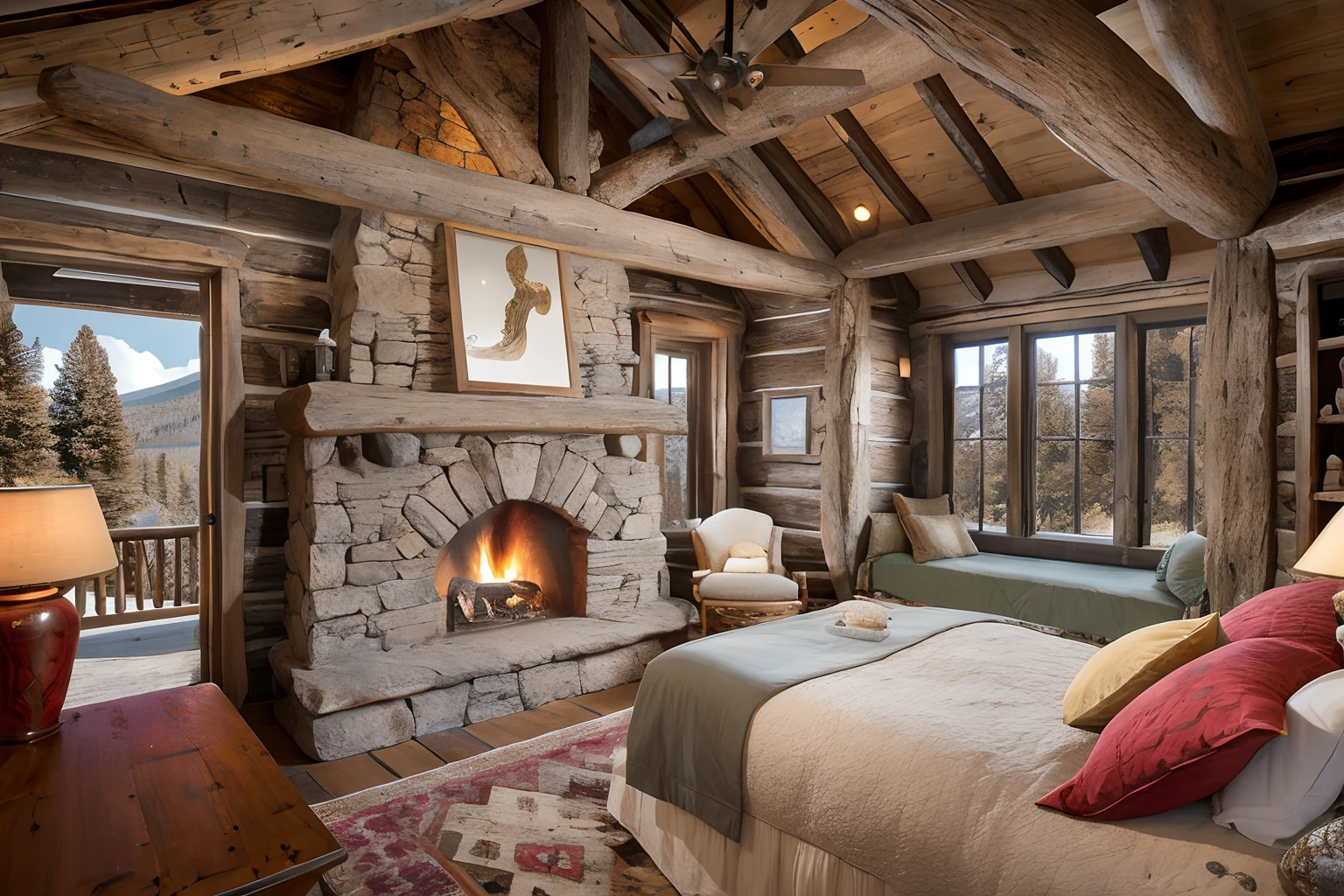 arafed bedroom with a fireplace and a bed in front of a window, breathtaking detail, cozy setting, rustic stone cabin in horizon, cozy and calm, very cozy, log homes, tim hildebrant, log cabin, bedroom full of fire, rustic setting, in an old west cabin, bottom angle, rustic and weathered, timeless masterpiece, cozy place, ornate retreat