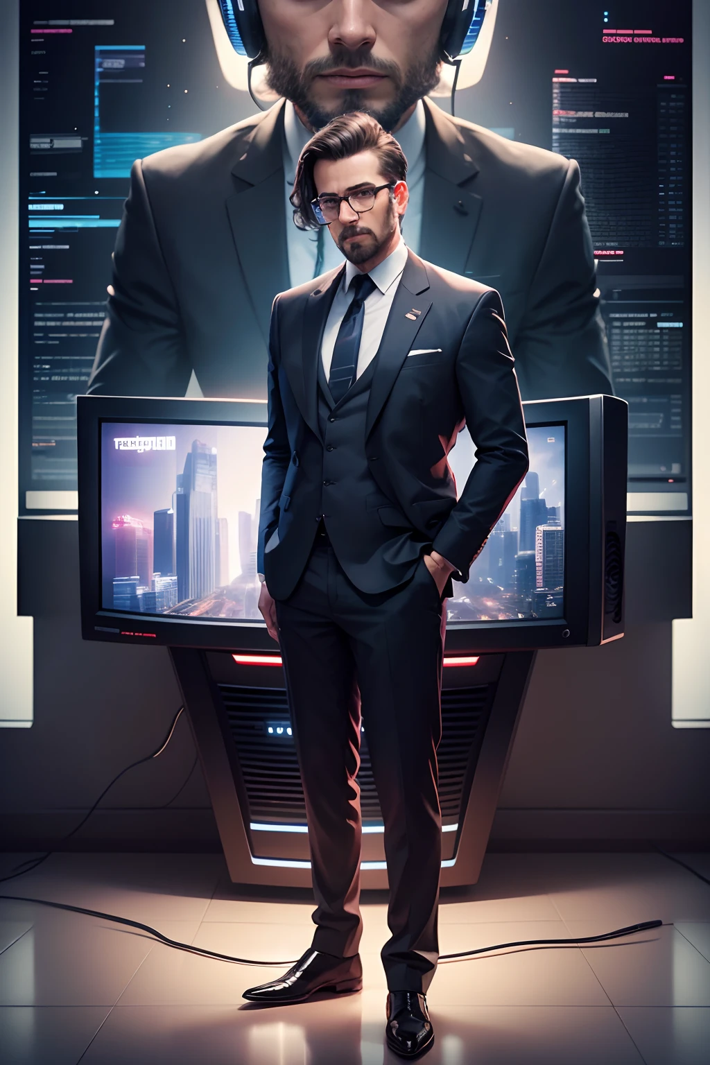 Image of a man in a suit with a television / computer in the head, programador, \'emulador\', Tevê Program, programming, tv!, promo, fvckrender, Ps, arte digital. Poster