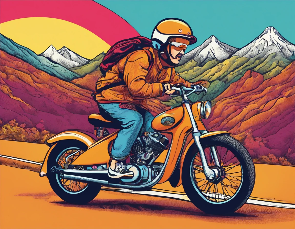 Snail with an expression of effort, wearing a cyclist helmet, riding a bicycle with a rocket on the back breathing fire, detailed hyper-realistic rendering, pedaling uphill on a road, mountains in the background