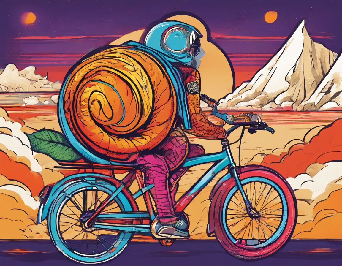 Snail with an expression of effort, wearing a cyclist helmet, riding a bicycle with a rocket on the back breathing fire, detailed hyper-realistic rendering, pedaling uphill on a road, mountains in the background
