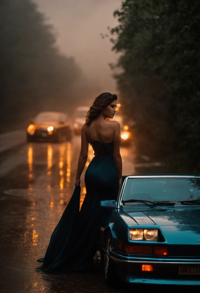Scenario description:
Imagine a cinematic scene unfolding on a deserted road, envolta em uma tempestade torrencial. Rainwater cascades down, creating small blurs when it hits the ground. The sky is dark and overcast, with rays of light occasionally breaking the darkness.
Description of the woman:
No centro da cena, is a stunning woman, exuding confidence and elegance. Her long, flowing dress wraps around her, moldando perfeitamente suas curvas. Rainwater runs gently down your body, creating a dramatic effect.
She's standing next to a bright red Lamborghini., cuja pintura reflete as gotas de chuva, proporcionando um efeito visual deslumbrante. The woman leans against the hood of the car, with an enigmatic expression on his face, conveying a mixture of mystery and confidence.
Technical Details:
Para capturar toda a beleza e realismo dessa cena, a high-resolution camera would be needed, capaz de capturar imagens em 8K, para garantir cada detalhe da mulher, do carro e do ambiente. Ademais, to achieve cinematic quality, It would be important to use appropriate lighting techniques for the scene, com destaque para efeitos de luz e sombra que acentuam o drama e a atmosfera chuvosa.
I hope these improvements help create a more realistic and beautiful description of your scene! If you have more details or specific information you'd like to add, feel free to share.