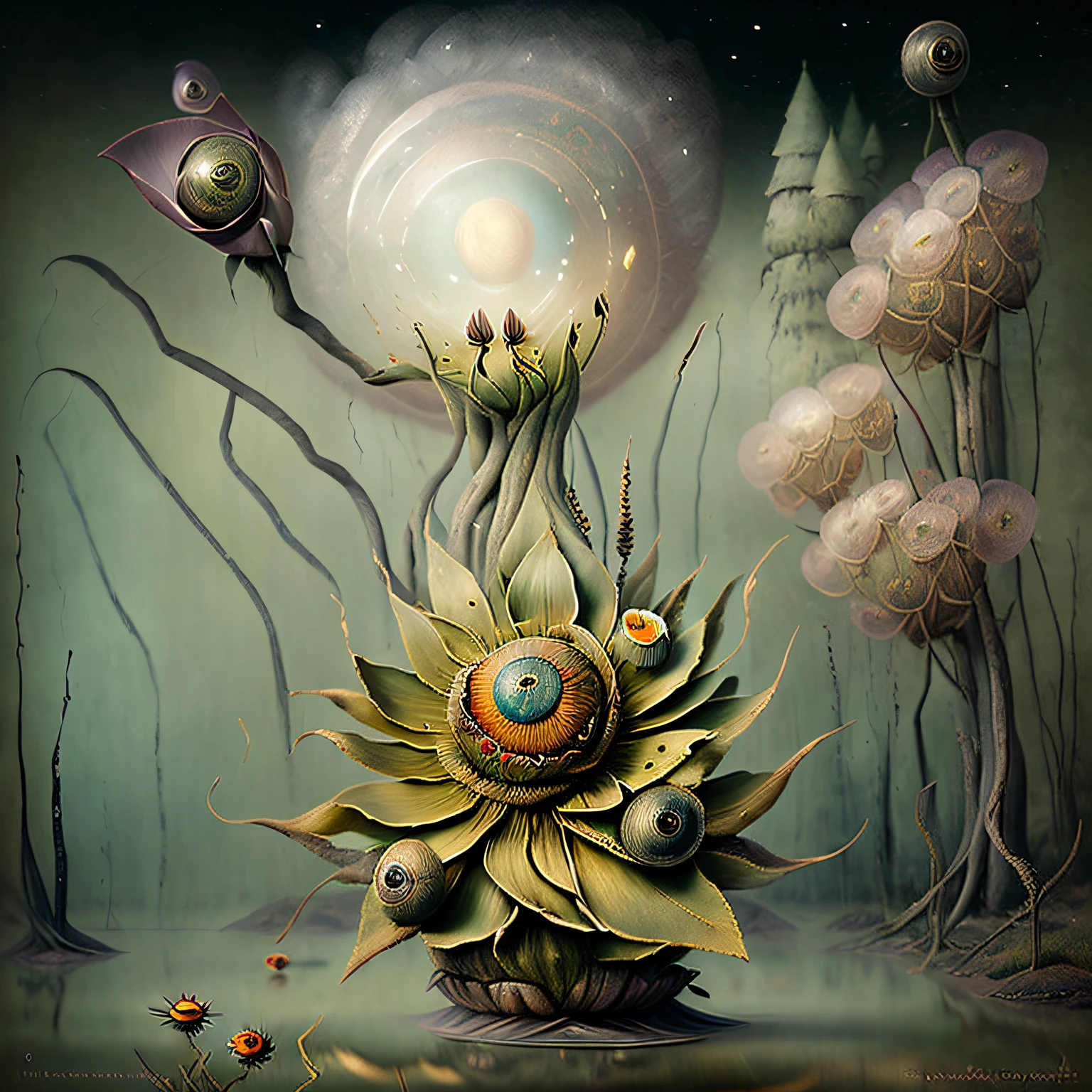 (((there is a "very strange looking flower with an eyeball in the center" in a swamp))), it has furry pedals++ in the middle of a swamp, "otherworldly plants in the swamp", vivid colors, surreal and fantasy art, dark surreal art, surreal dark fantasy, surreal dark art, surreal concept art, surrealistic digital artwork, 8k surrealism, ornate, dream world